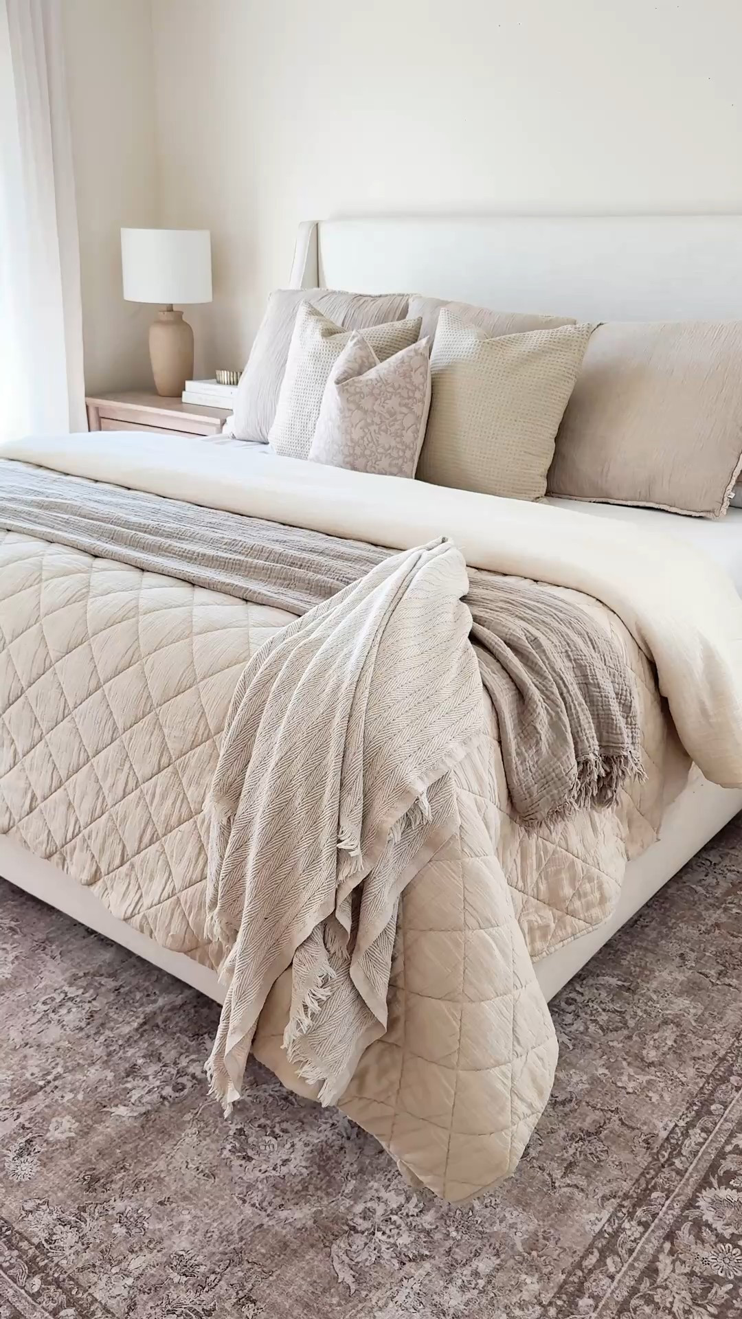Bright airy neutral bedroom

Bedding, neutral bedding, bed, upholstered bed, area rug, neutral rug, nightstand, throw pillow, home decor 

#LTKHome #LTKSaleAlert
