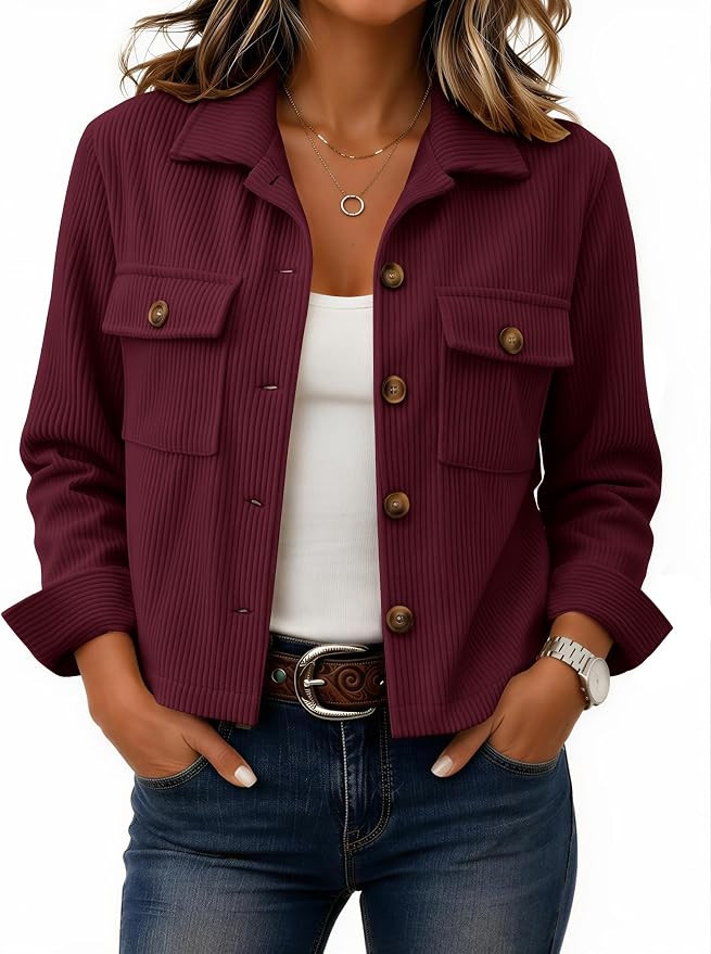 Zeagoo Womens Fashion Cropped Jacket Corduroy Button Down Long Sleeve Coats | Lightweight crop sh... | Amazon (US)