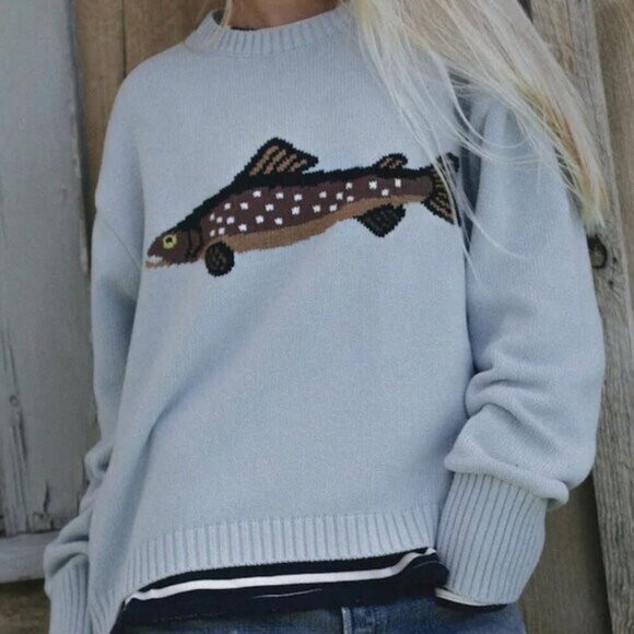 Blue Casual Women's Fish Graphic Long Sleeve Crew Neck Loose Knit  Sweater | Poshmark