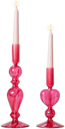 DN DECONATION Pink Glass Candle Holders Set of 2 – Heart Taper Candle Holders for Valentine's D... | Amazon (US)