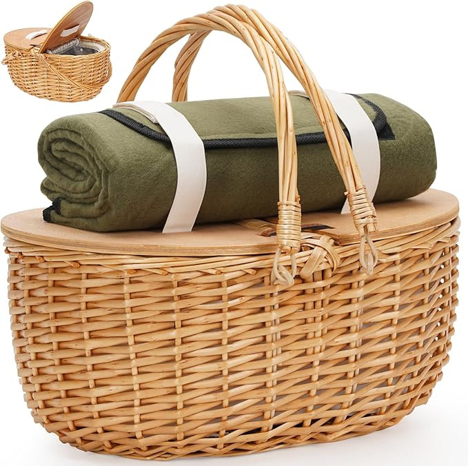ZORMY 15" Cooler Picnic Basket with Blanket, Wooden Split Lid Picnic Basket, Vintage-Style Wicker... | Amazon (US)