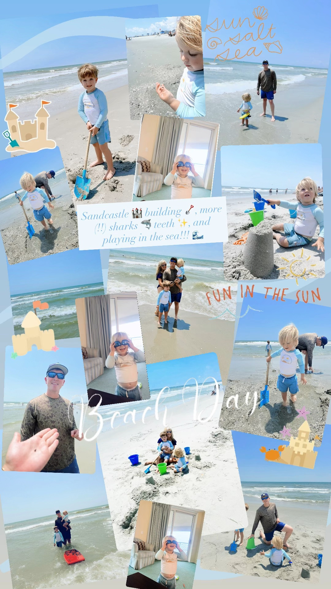 Sandcastle 🏰 building 🪏, more (!!) sharks 🦈 teeth ✨, and playing in the sea!!! 🌊