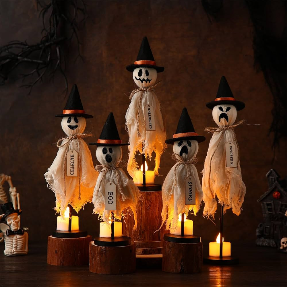 Set of 5 Halloween Primitive Ghost Indoor Decorations Vintage Wooden Ghost with Felt Hat for Hall... | Amazon (US)