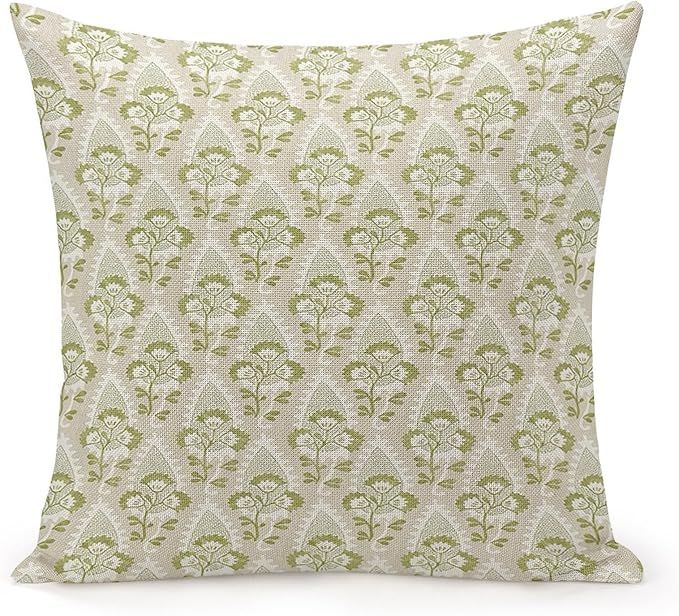 Green Beige Flower Check Throw Pillow Cover,Traditional Checkered Decorative Pillow Cases Cotton ... | Amazon (US)