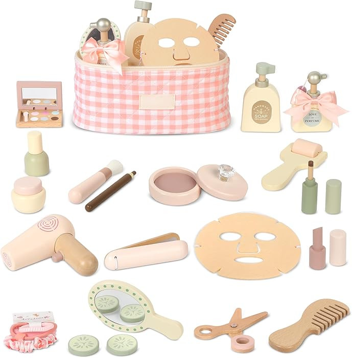 Wooden Makeup Toy Set, Pretend Play Makeup Set for Kids Toddlers, Play Beauty Makeup Kit for Girl... | Amazon (US)
