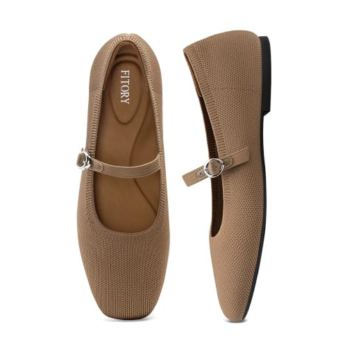 FITORY Flats for Women, Mary Jane Ballet Square Toe Knit, Brown Size 11W | Amazon (US)