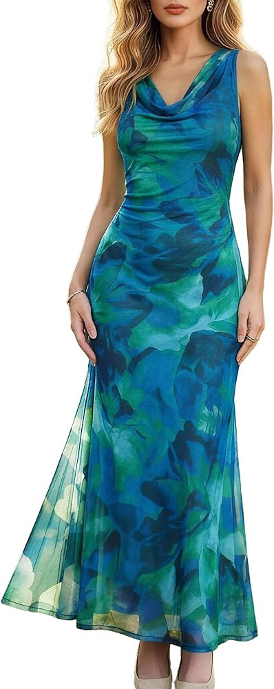 Women's Formal Dresses for Wedding Guest,Bodycon Cowl Neck Boho Mesh Floral Maxi Dress,Summer Par... | Amazon (US)