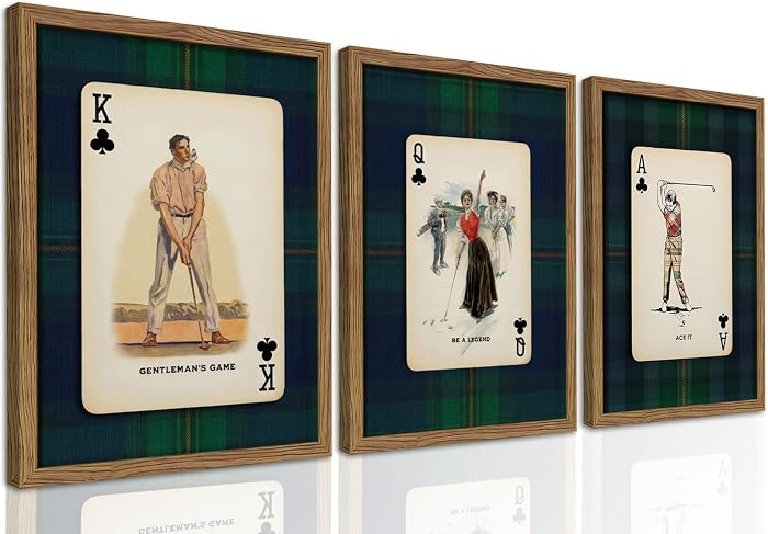 Framed Vintage Golf Wall Art Set of 3, Navy Plaid Playing Card Prints, Retro Classic Golfer Canva... | Amazon (US)