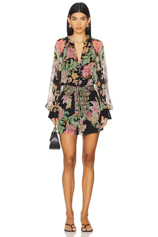 HEMANT AND NANDITA Romper With Hand Crafted Button And Tie Belt in Black & Off White Floral from ... | Revolve Clothing (Global)