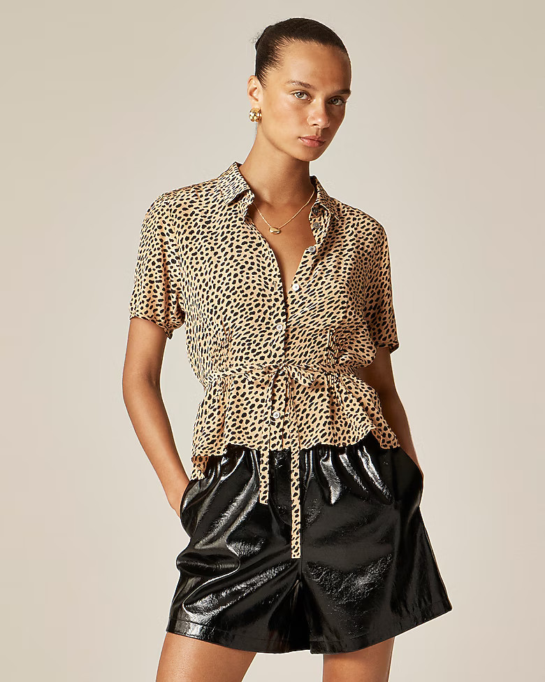 Button-up tie-waist shirt in leopard print | J. Crew US