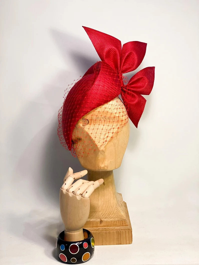 Couture red parasisal fascinator with bow, headpiece, Kate Middleton style, millinery veil, Royal... | Etsy (US)