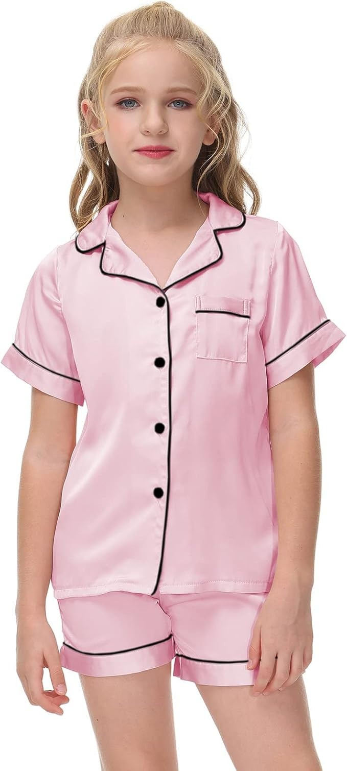 Veseacky Unisex Satin Pajamas Set Boys Girls Silk Pjs Short Sleeve 2 Piece Sleepwear Button-Down ... | Amazon (US)