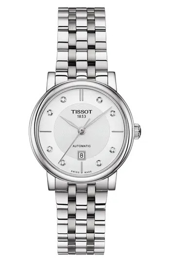 Tissot T-Classic Carson Diamond Bracelet Watch, 30mm in Silver at Nordstrom Rack | Nordstrom Rack