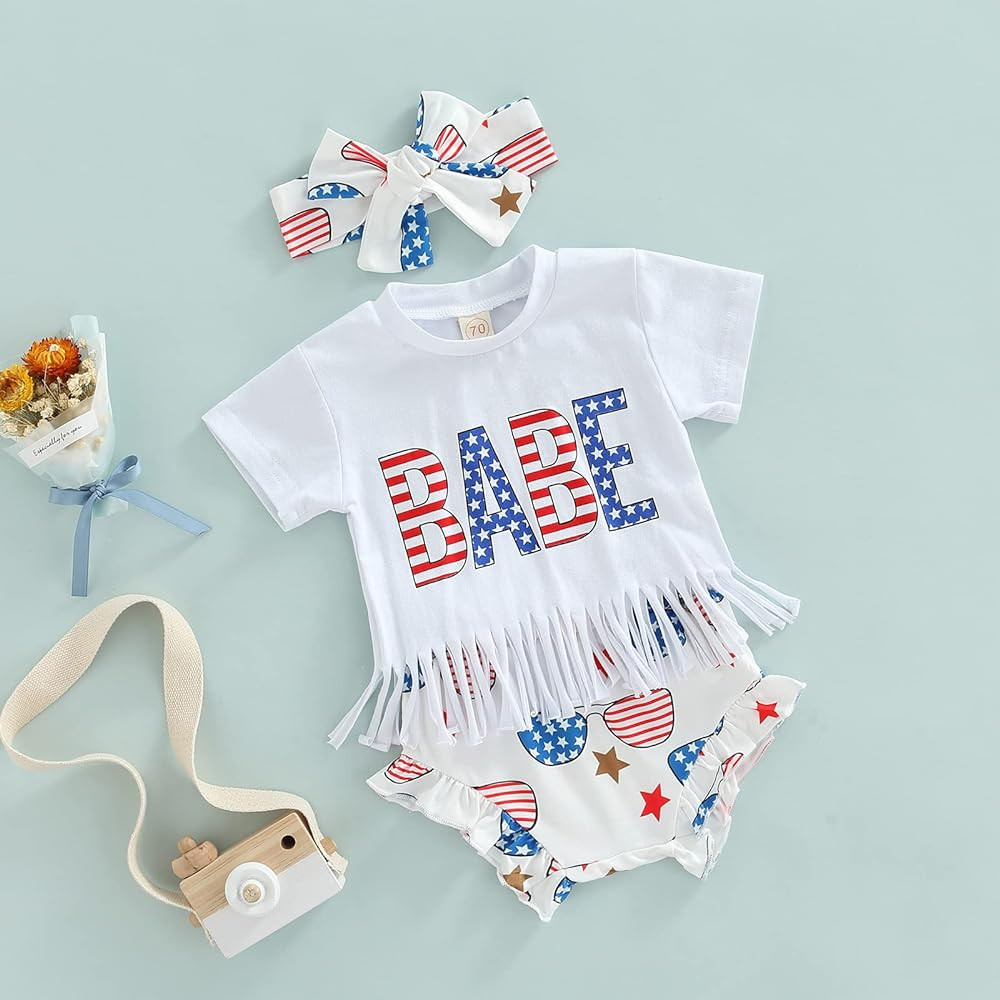Adobabirl Baby Girl 4th of July Outfit Short Sleeve Tassel Shirt Top Bloomer Shorts Headband Set ... | Amazon (US)