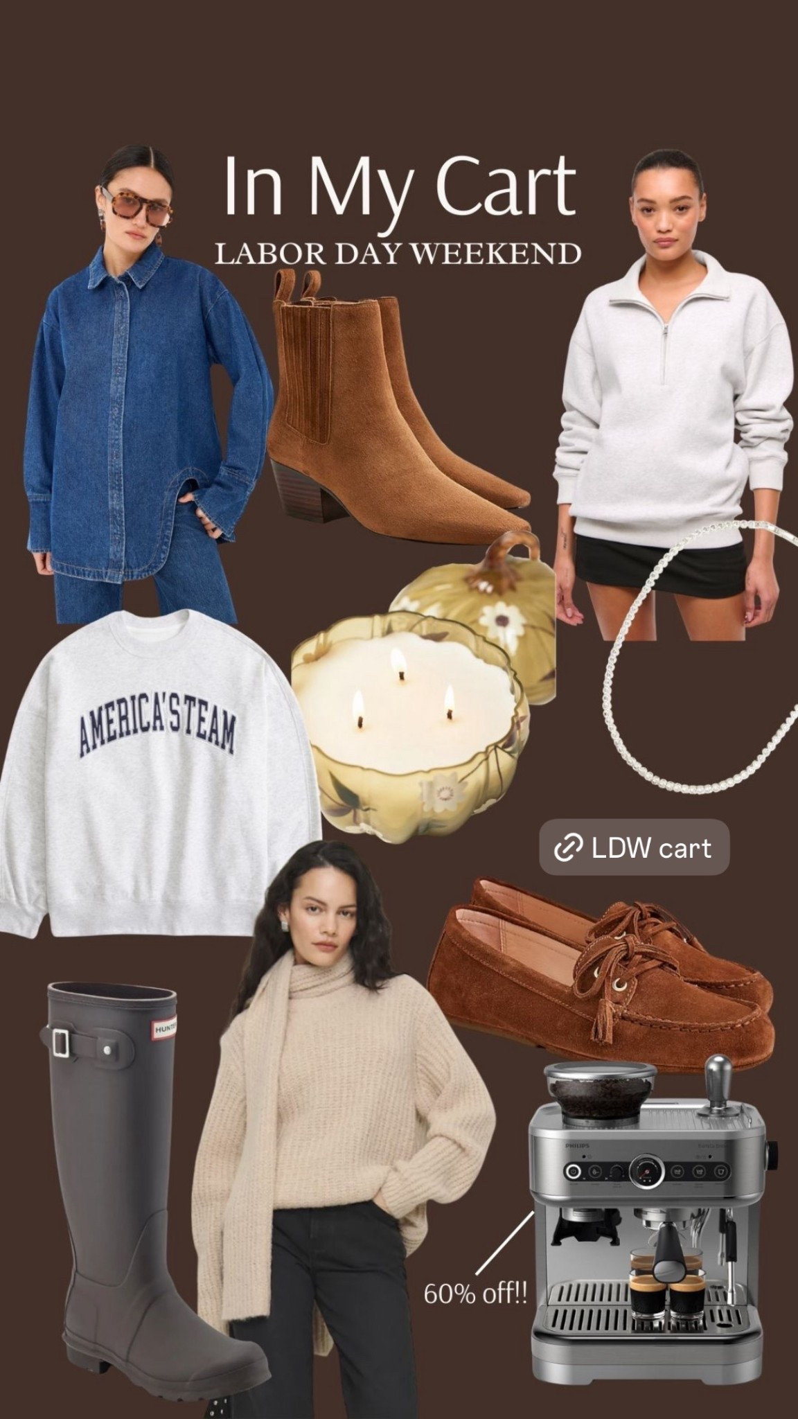 My Labor Day weekend shopping cart. LDW sale, tennis necklace, driving moccasins, suede ankle boots, denim shirt, sweatshirt, sweater, hunter rain boots, espresso machine, pumpkin candle 

#LTKSaleAlert #LTKShoeCrush #LTKSeasonal