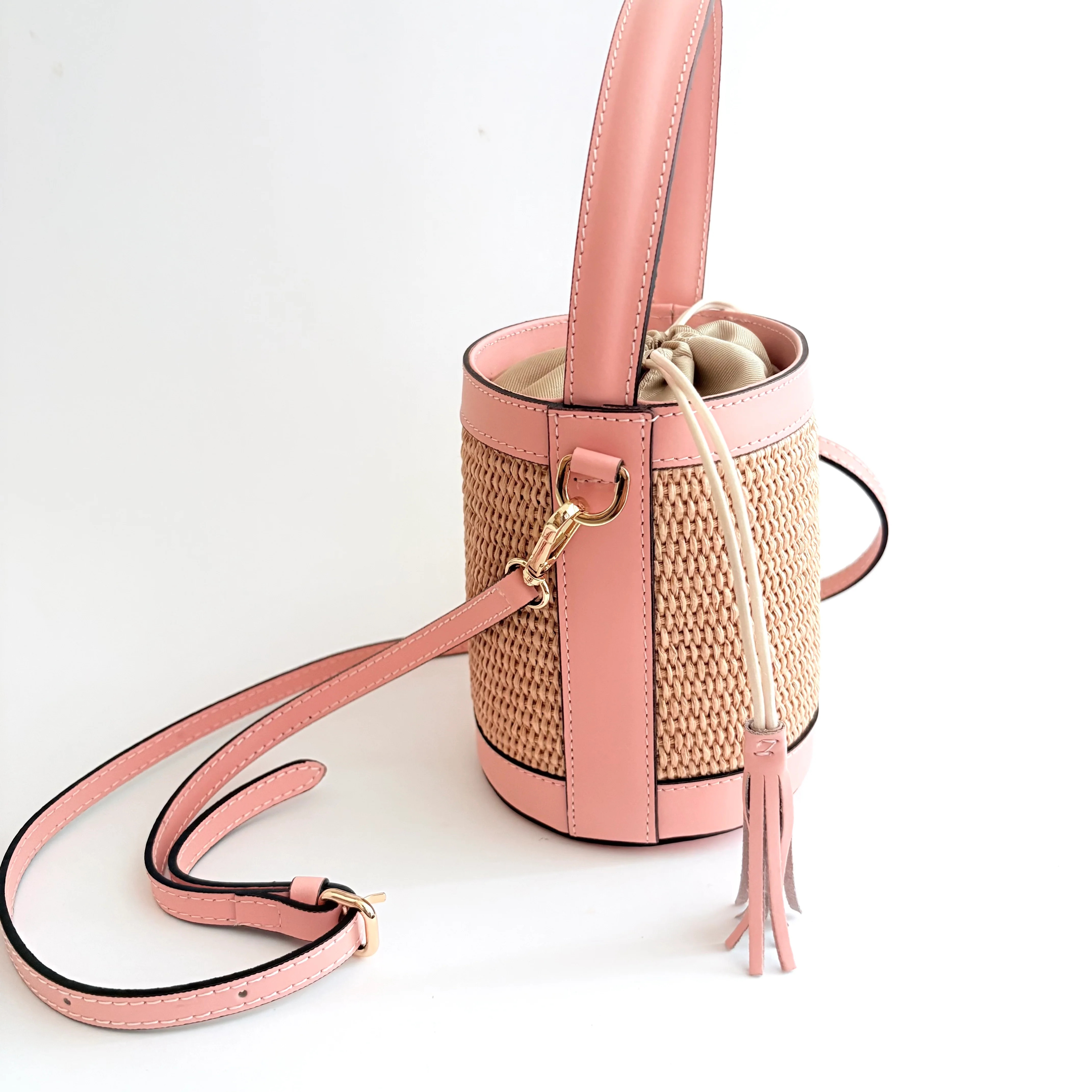 Heaven's 27 Raffia Light Pink Raffia Bucket Bag | Colores Collective