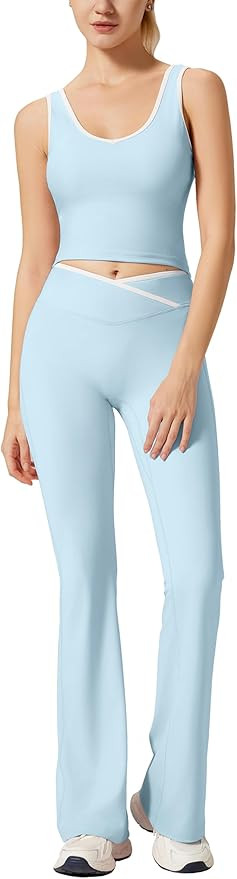 RXRXCOCO Women 2 Piece Workout Sets Flare Leggings Scrunch Butt Lifting Crop Tank Matching Set Co... | Amazon (US)