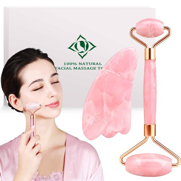 Natural Jade Roller Gua Sha Facial Grooming Set Rose Quartz Stone Face Eyes Roller Massager Beaut... | Walmart (US)