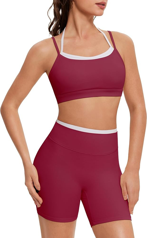 OMKAGI Workout Sets for Women Cute Doubel Layer Open Back Sports Bras Gym Shorts Outfits | Amazon (US)