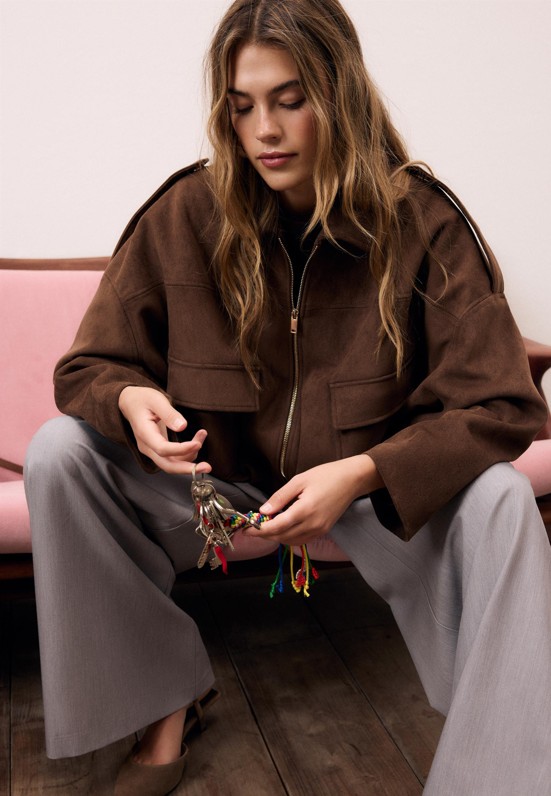 Faux suede bomber jacket - Women's fashion | Stradivarius United Kingdom | Stradivarius (UK)