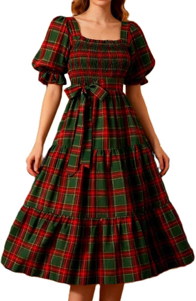 Women Christmas Maxi Dress Plaid Puff Sleeve Square Neck Smocked Bow Tie Flowy Long Dress Cute Pa... | Amazon (US)