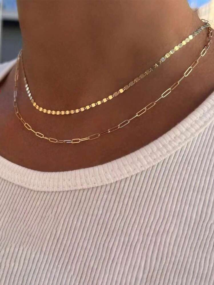 2pcs Women's Layered Paperclip Rectangular Charm Necklace (Chain, Clasp Quantity Random) | SHEIN