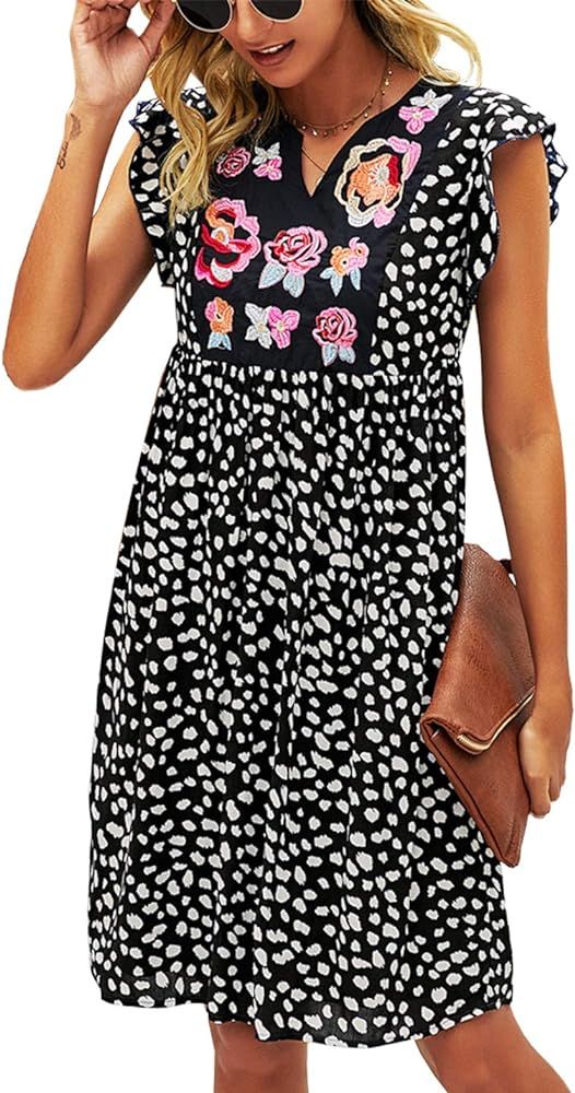 KIRUNDO Women’s Summer Leopard Mini Dress V Neck Bohemia Dress Sleeveless Flowy Loose Babydoll Dress | Amazon (US)