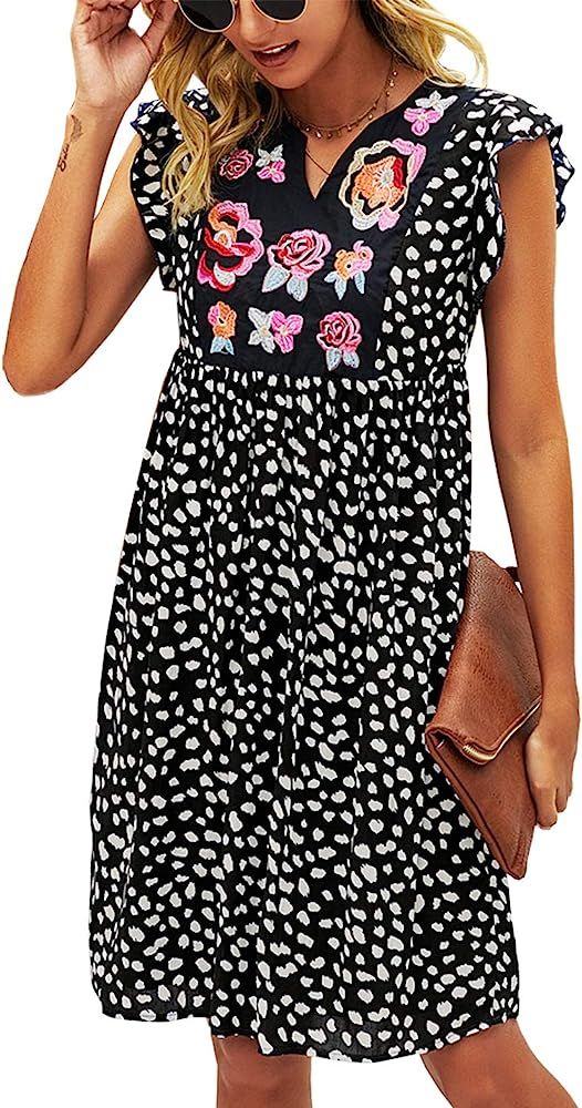 KIRUNDO Women’s Summer Leopard Mini Dress V Neck Bohemia Dress Sleeveless Flowy Loose Babydoll Dress | Amazon (US)