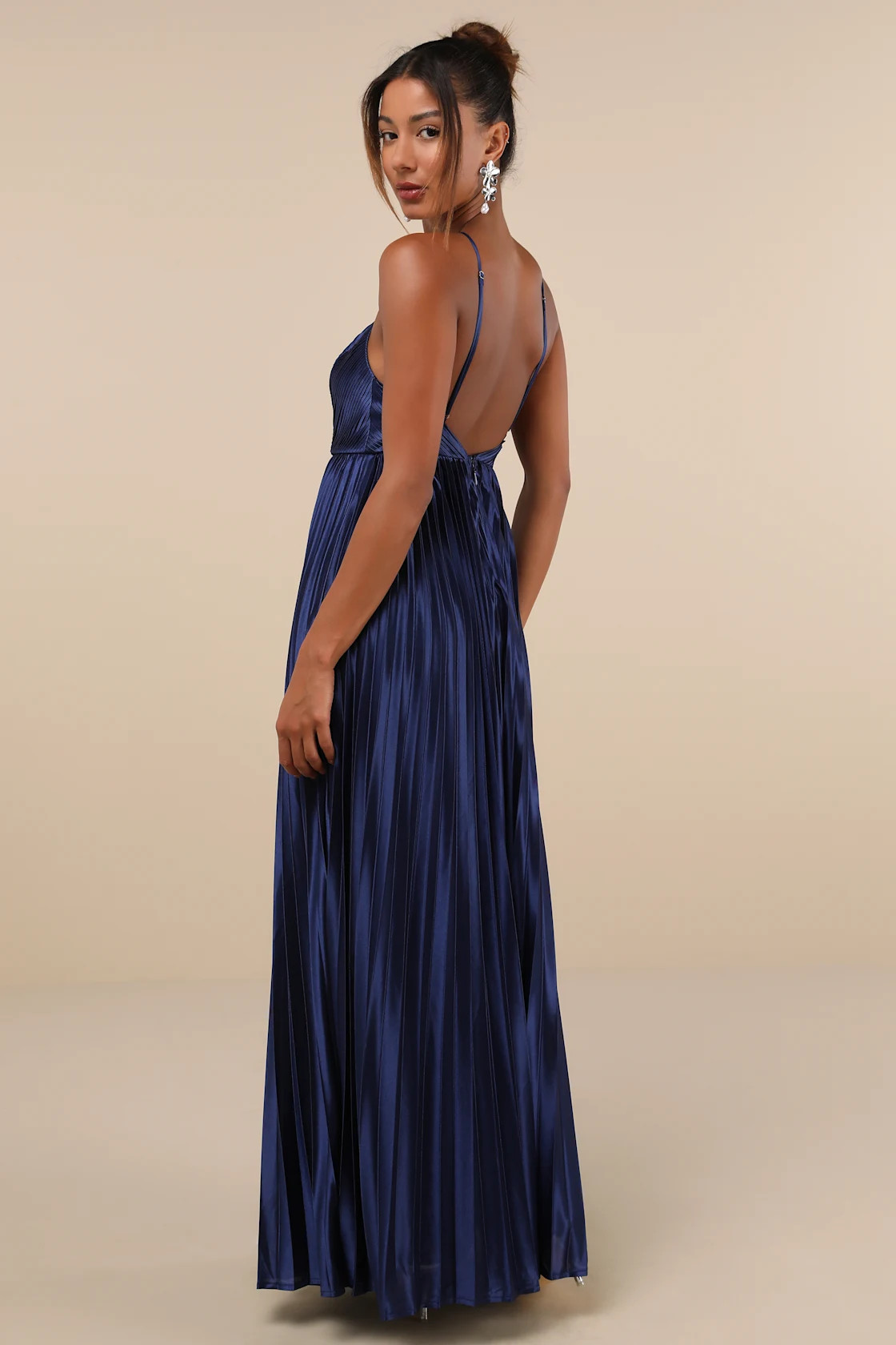 Elaborate Charm Navy Blue Satin Pleated Backless Maxi Dress | Lulus