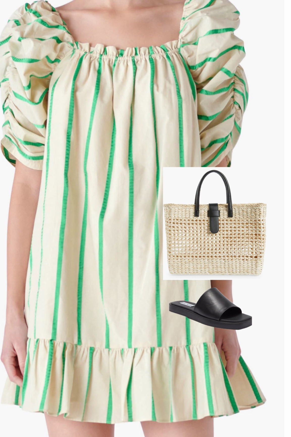 This English factory striped green dress with a puff sleeve is perfect for summer! Loving this straw bag with black details and these Steve Madden black leather sandals are a staple year round! 

#LTKSummerSales