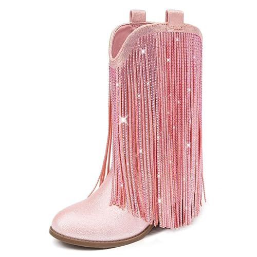LAURMOSA Toddler Girl Cowboy Boots with Fringe Pink Rhinestone Cowgirl Boots for Girls Western Boot Size 8 Cow Girl Little Kids Sparkle Tassel Mid Calf Pointed Toe Party Birthday Dress (L1056PUPink 8) | Amazon (US)