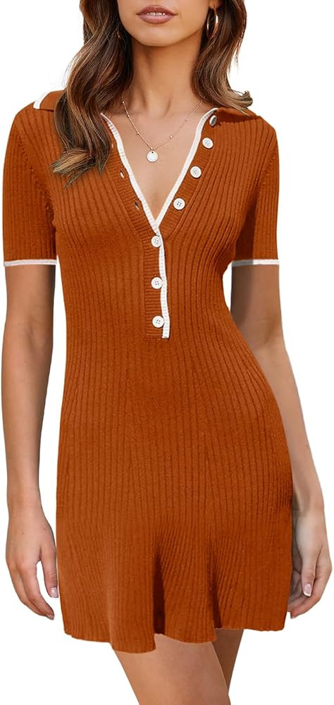 Saodimallsu Womens V Neck Short Sleeve Slim Fit Bodycon Sweater Dress Button Up Ribbed Knit Mini ... | Amazon (US)