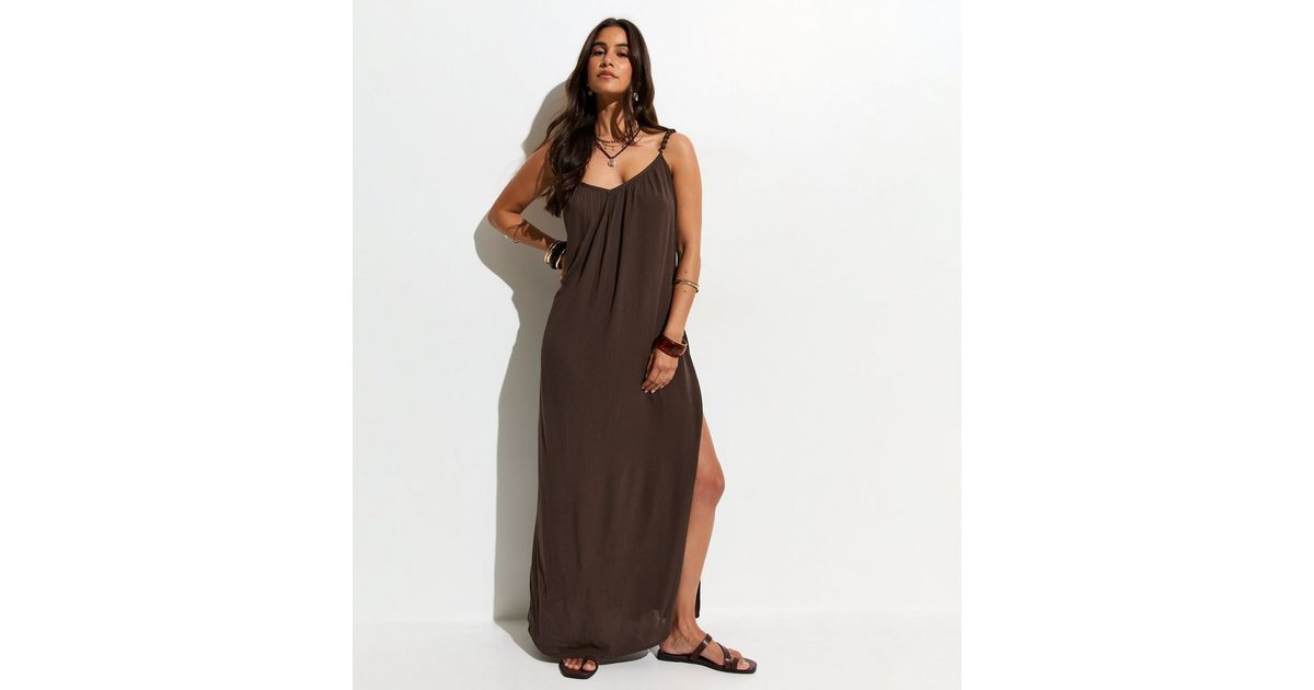 Dark Brown Crinkle Texture Beaded Maxi Dress | New Look | New Look (UK)