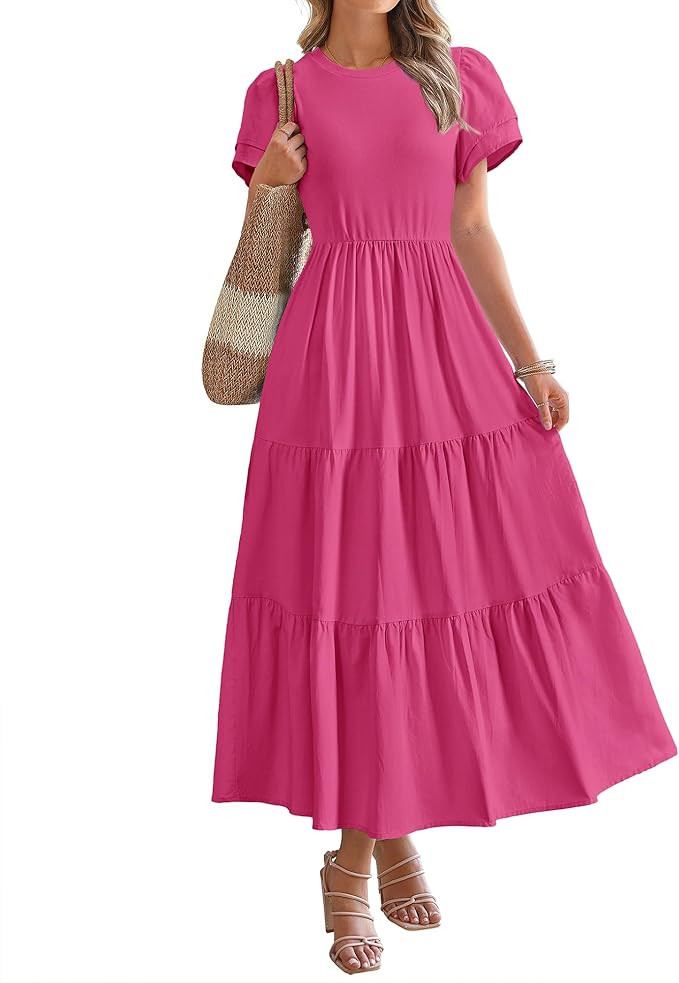 BTFBM Women Casual Summer Dresses 2025 Spring Crewneck Short Sleeve Tiered Flowy Boho Maxi Beach ... | Amazon (US)