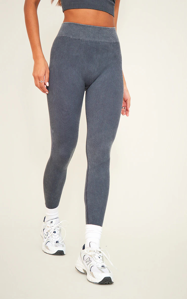 Charcoal Acid Wash Rib Seamless High Waist Gym Leggings | PrettyLittleThing UK