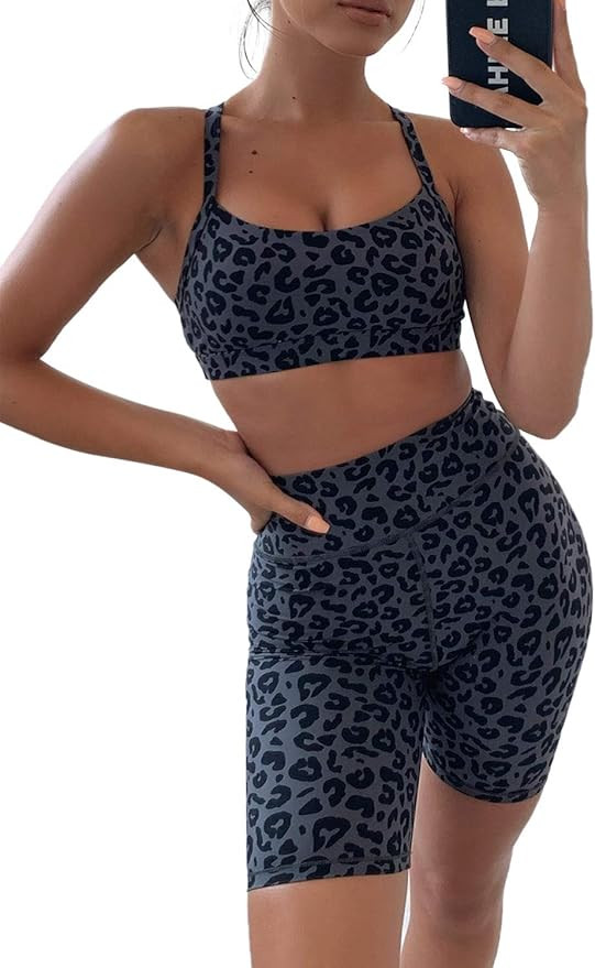 Aleumdr Womens Yoga Outfits 2 Piece Set Workout Athletic Leopard Print Shorts Leggings and Sports... | Amazon (US)