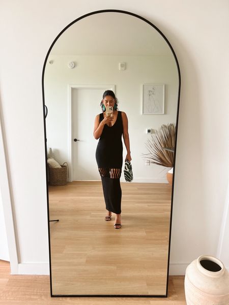 Sexy black dress for night out or vacation dinner. It’s sold out but it will come back in stock. Here’s the name x REVOLVE Nicola Mixed Crochet Maxi Dress in Black
Michael Costello
Size: small
Bag: old
Earrings: oldd