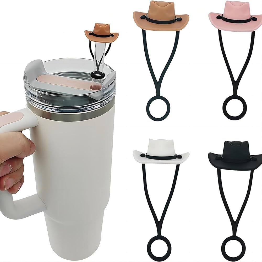 4 Pack Silicone Cowboy Hat Straw Covers Cap Compatible with Stanley Cup 30 40 oz, Cute Funny Tumb... | Amazon (US)