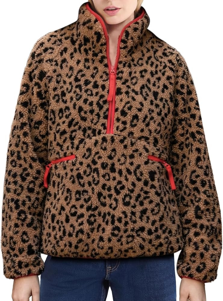Ainangua Fuzzy Half Zip Fleece Jacket Women Long Sleeve Sherpa Pullover Sweatshirt Casual Warm Wi... | Amazon (US)