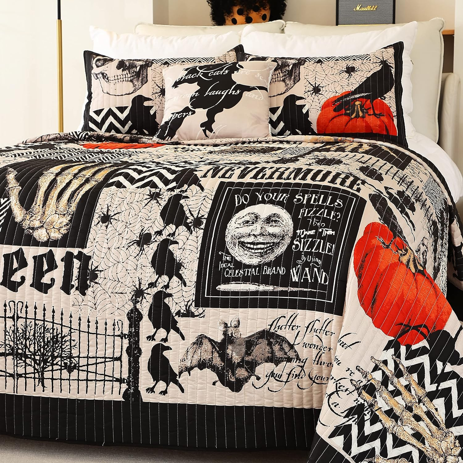 Halloween Bedspread,Black Quilt Set King Size,Pumpkin Ghost Festival Themed Bedding Set,Decorative Quilted 4 Piece Coverlet Set with 3 Pillow Shams(Black,King104 x90) | Amazon (US)
