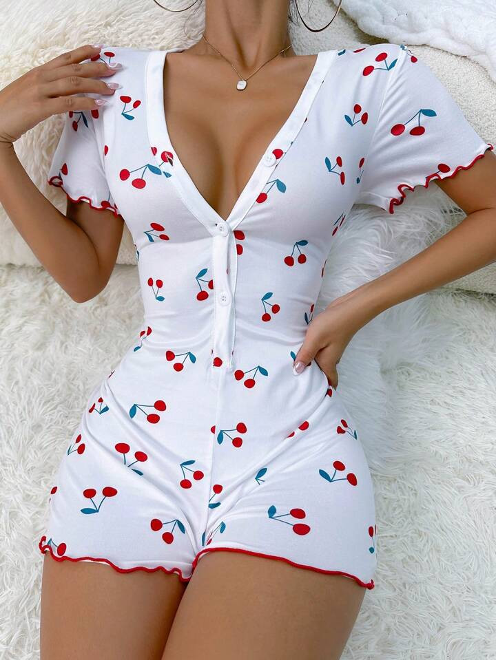 Cherry Print Lettuce Trim Button Front Sleep Romper | SHEIN