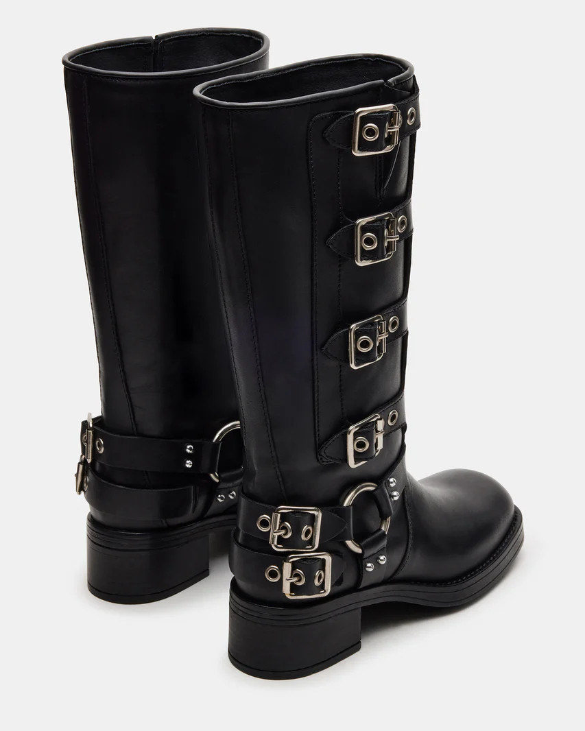 ROCKY Black Leather Knee-High Moto Boots | Women's Boots | Steve Madden (US)