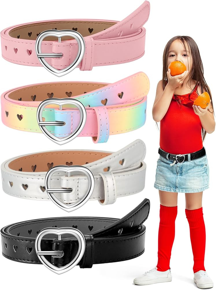 Newcotte 4 Pcs Girls Belt Size 6-12 Kids PU Leather Waist Belt Hollow Heart Design Metal Buckle f... | Amazon (US)