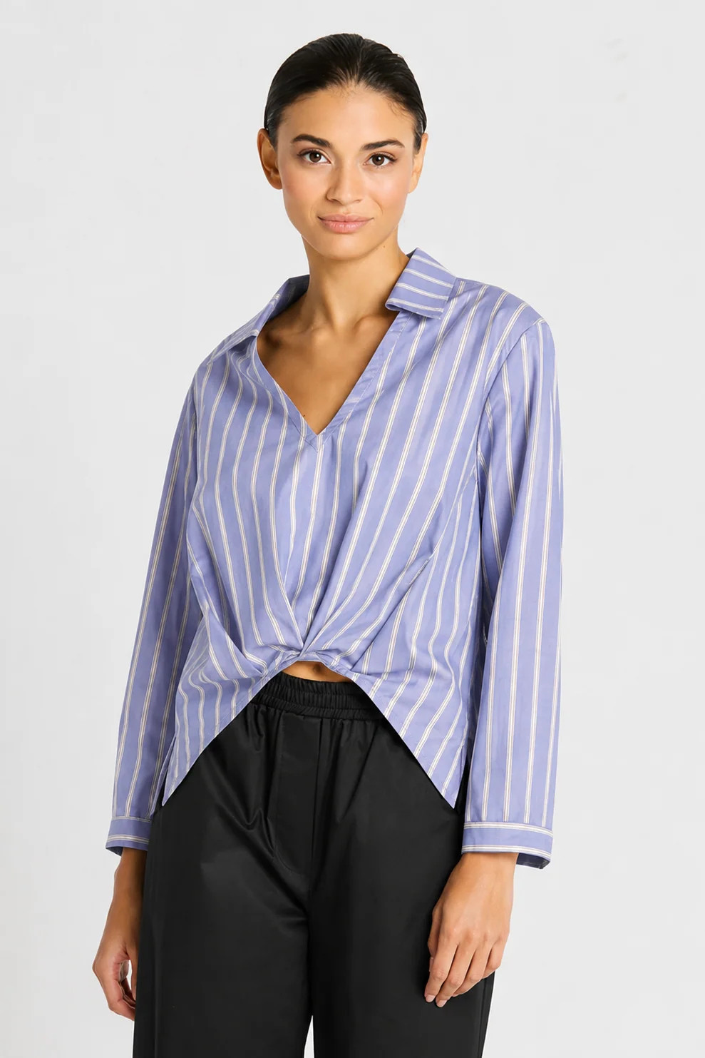Cotton Half Moon Shirt - Chambray Stripe | Planet By Lauren G