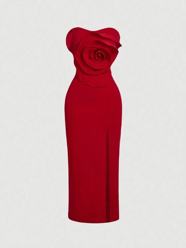 SHEIN MOD Women Ruffle Floral Print Red Strapless Bodycon Dress,Red Dress,Santa Dress, Party Women Dress,New Year Eve Dress | SHEIN