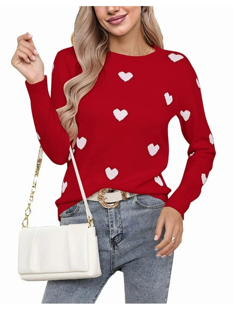 Heart Sweater for Women Valentine's Day Cute Heart Printed Lightweight Sweaters Casual Creneck Pu... | Walmart (US)