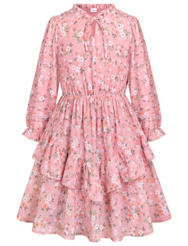 HOZIY Girls Dresses Size 8 Peach Dusty Blush Pink Floral Flower Fall Wedding Guest Outfits Spring School Picture Day Kids Tween | Amazon (US)
