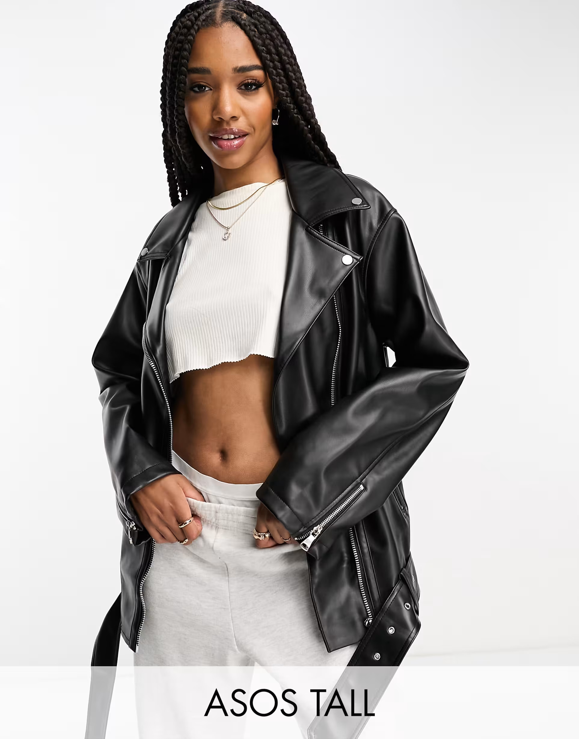 ASOS DESIGN Tall longline oversized faux leather moto jacket in black | ASOS (Global)