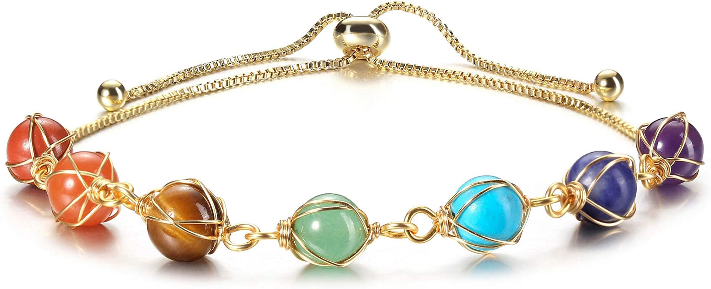 Jovivi 7 Chakra Stones Bracelets for Women Girls Adjustable 14K Gold Wire Wrapped 8mm Natural Rou... | Amazon (US)