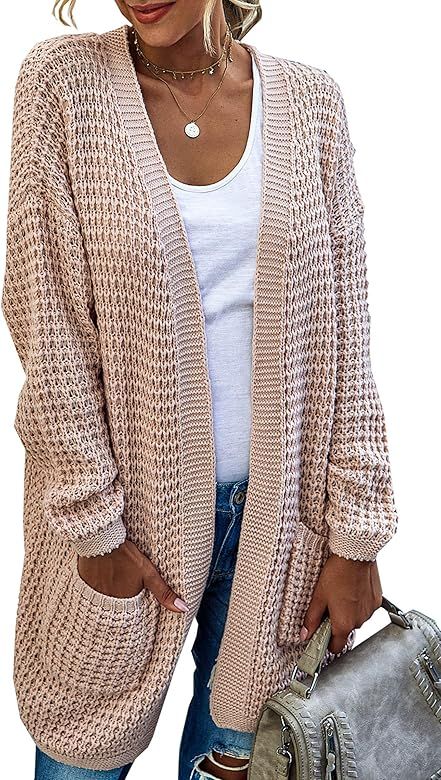 Women's Knit Cardigans Color Block Striped/Solid Color Draped Long Sleeve Open Front Sweaters wit... | Amazon (US)